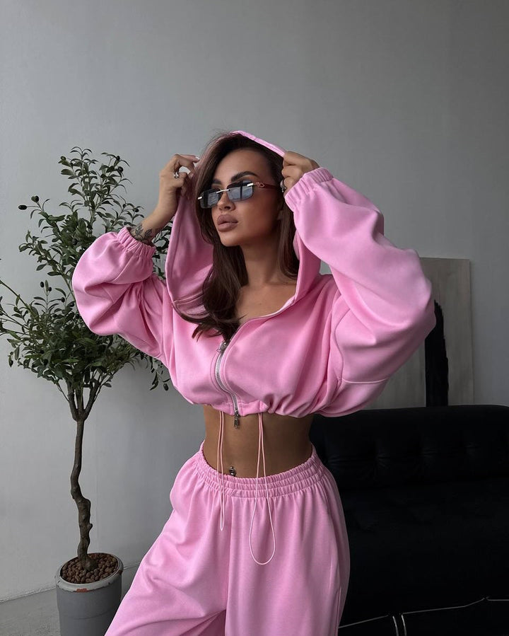 Kvindernes cropped hoodie og løse fritidsbukser sæt Skovae