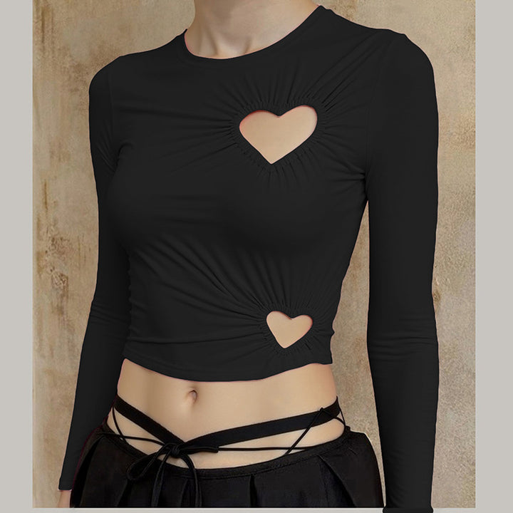 Dame Crop-top med hjerteformede udsparinger og moderne rynkeelement Skovae