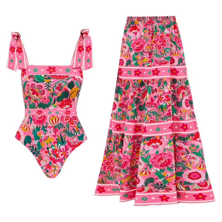 Dame Floral Motif Badedragt med legesygt stropdesign Skovae