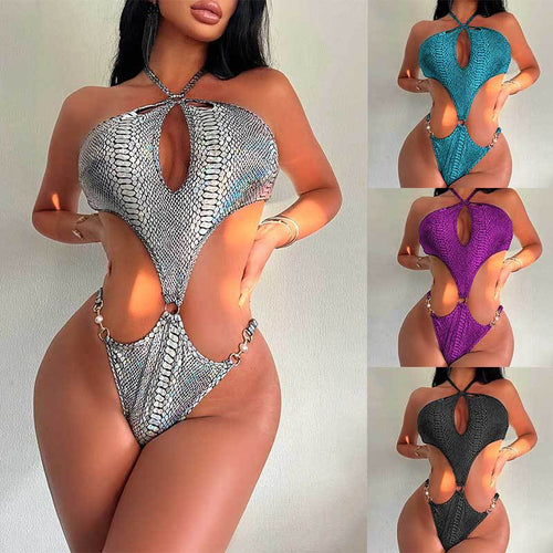 Dame ensartet badedragt med spændende slangemønster og cut-out-design Stilla