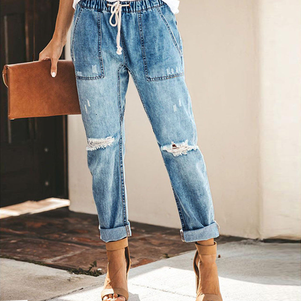 Dame Destroyed Jeans med elastisk talje og afslappet snit Stilla