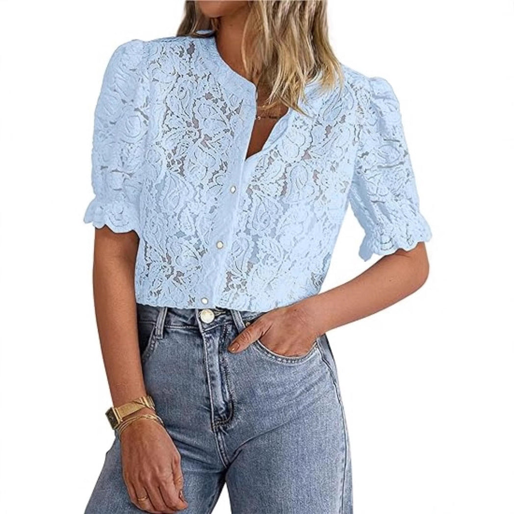 Dame spidsbluse med puffærmer Stilla