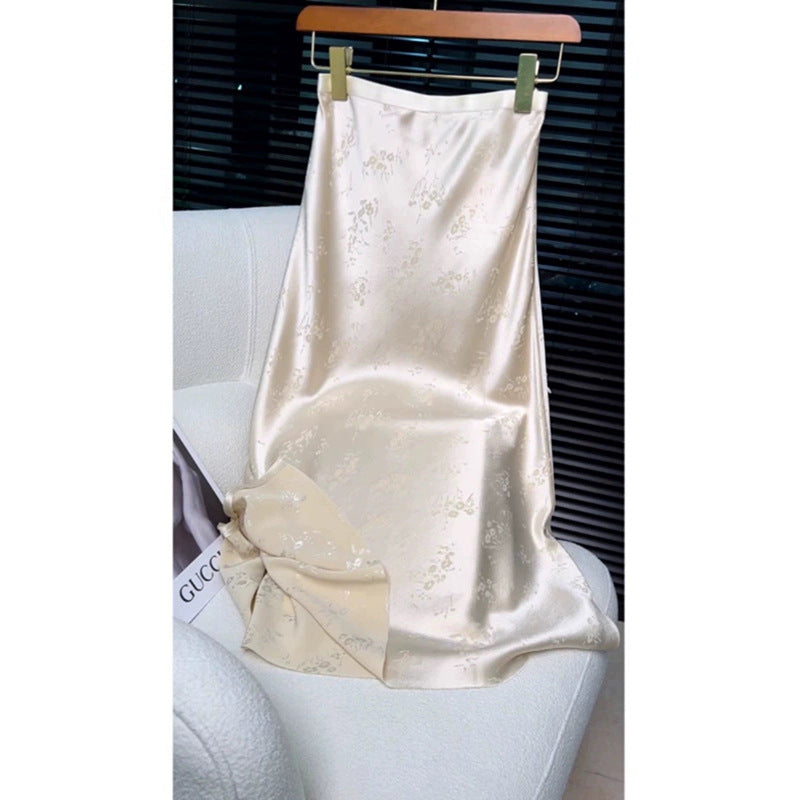 Damer elegant, flydende satin nederdel med delikat blomstermønster og høj talje Stilla