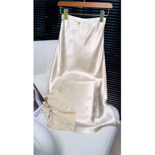 Damer elegant, flydende satin nederdel med delikat blomstermønster og høj talje Stilla