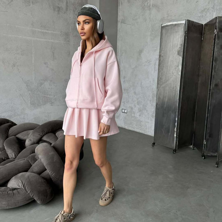 Dame Casual Hoodie og Nederdel Sæt med Skjult Lynlås og Elastisk Talje