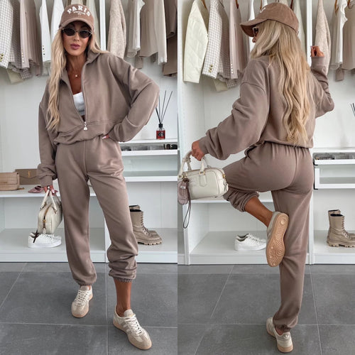 Damer sporty loungewear sæt med modern stå-krave og behagelige lynlås bukser Skovae