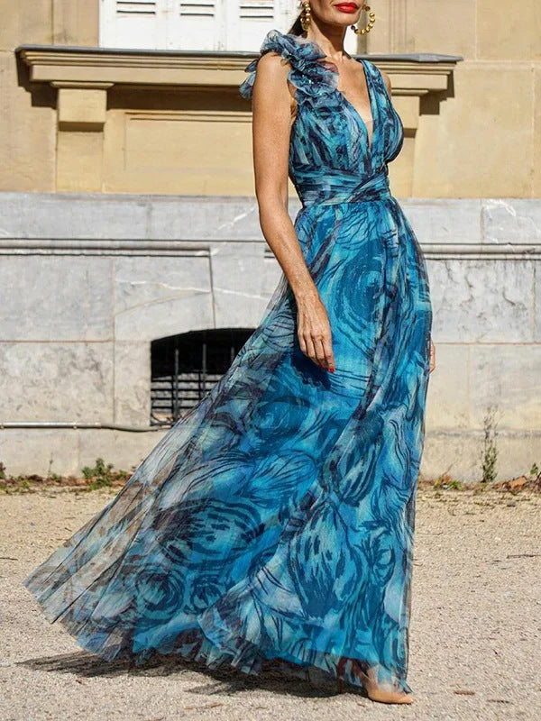 Dame Elegant Maxi Kjole med Delikate Flæse Detaljer og Uigennemsigtig Chiffon Skovae