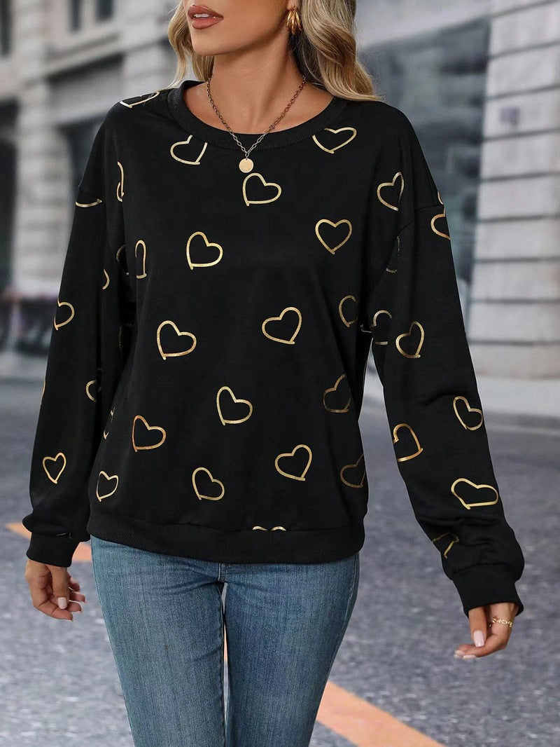 Dame nan løs hjerteprint sweatshirt med rund halsudskæring og ribkant Skovae