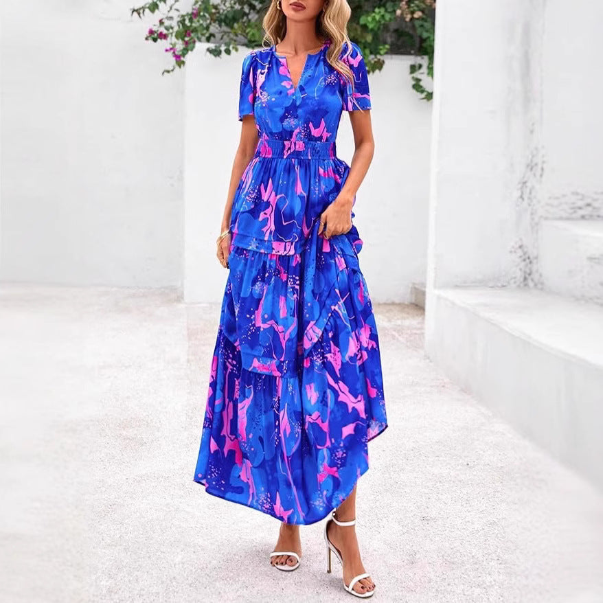 Dame Maxikjole med blomsterprint og elastisk talje Stilla