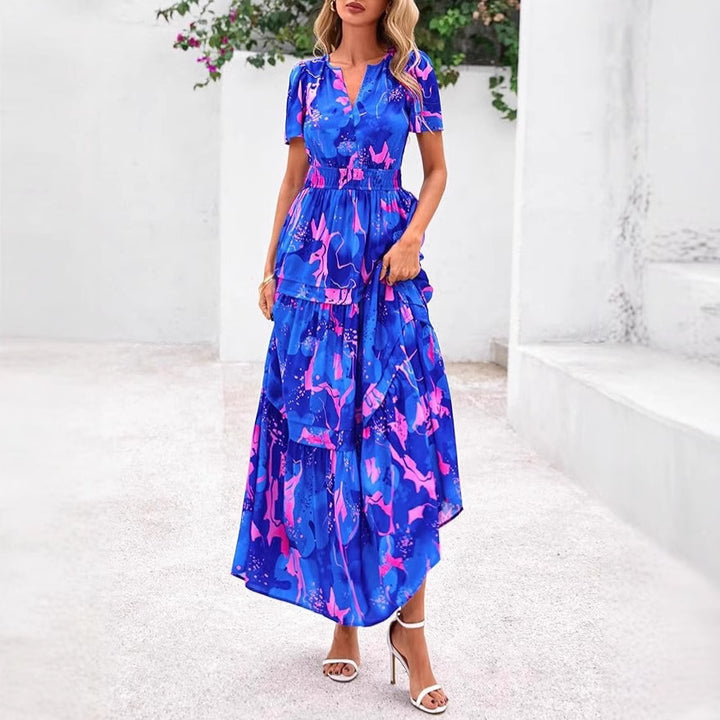 Dame Maxikjole med blomsterprint og elastisk talje Stilla