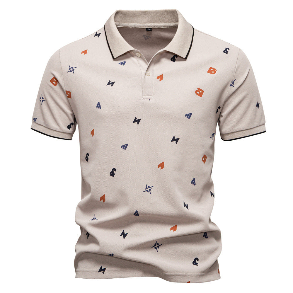 Herrer nan legeres kortærmet Piqué-polo med geometrisk all-over-print, kent-krave og kontrastbesætning Skovae