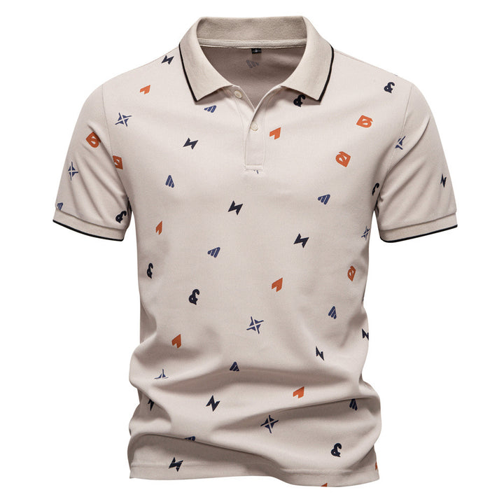 Herrer nan legeres kortærmet Piqué-polo med geometrisk all-over-print, kent-krave og kontrastbesætning Skovae
