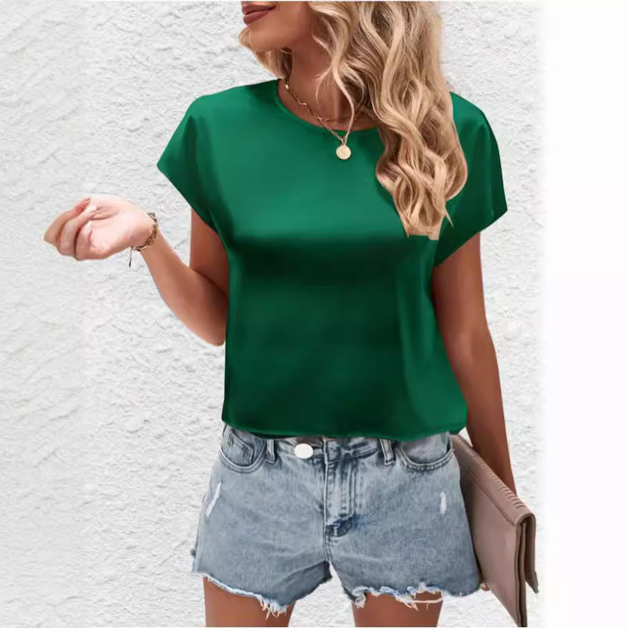 Dame Elegant satin top med afslappet snit og korte ærmer Skovae
