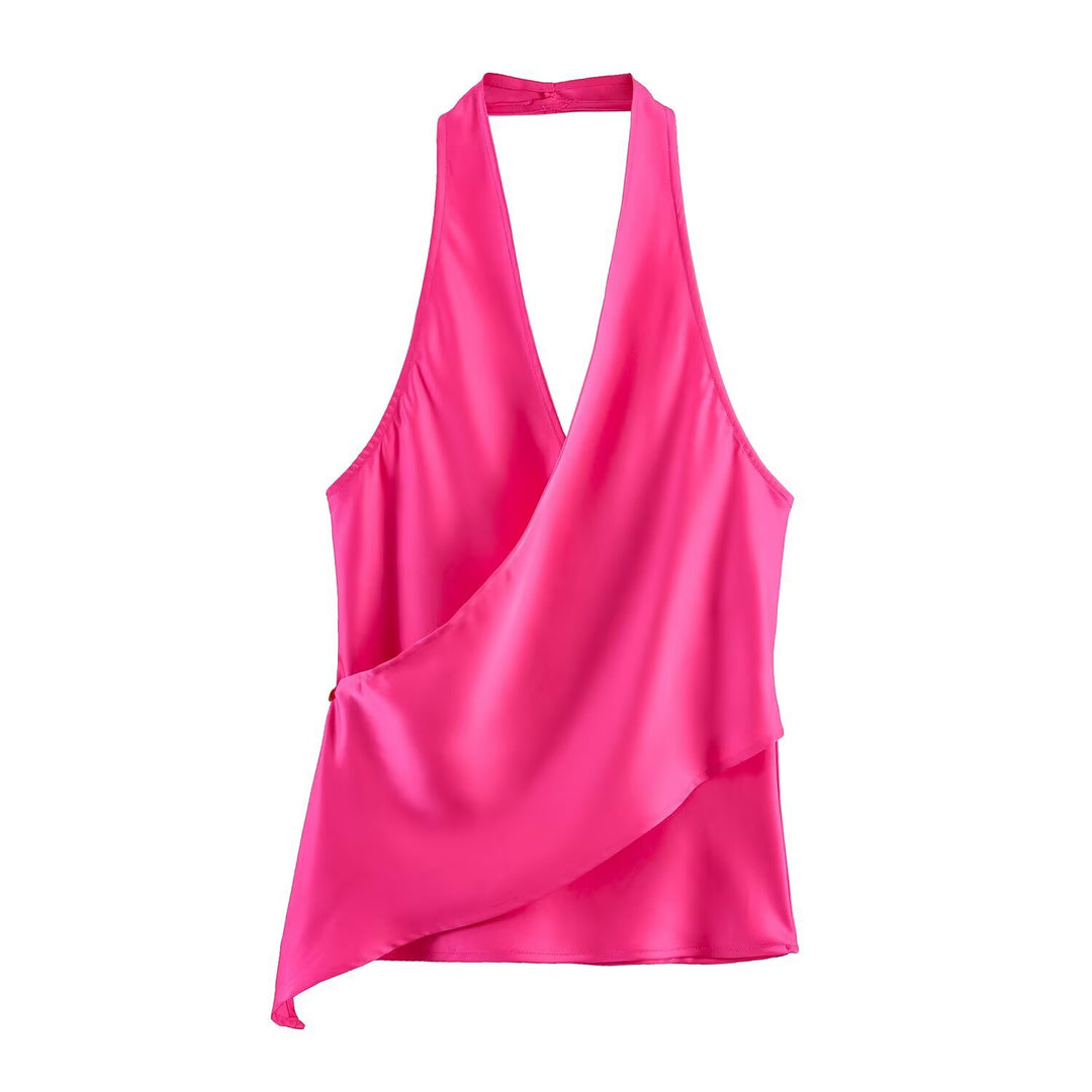 Damer elegant haltertop med asymmetrisk snit og skinnende satin finish Skovae