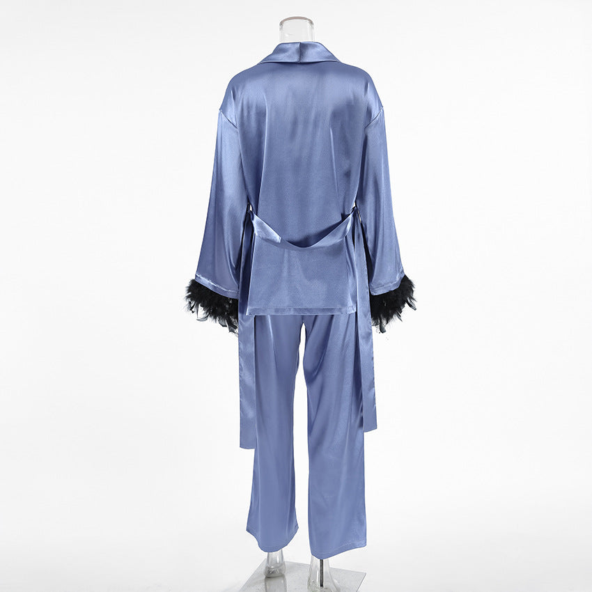 Dame satin casual lounge-sæt med elegante fjer Stilla