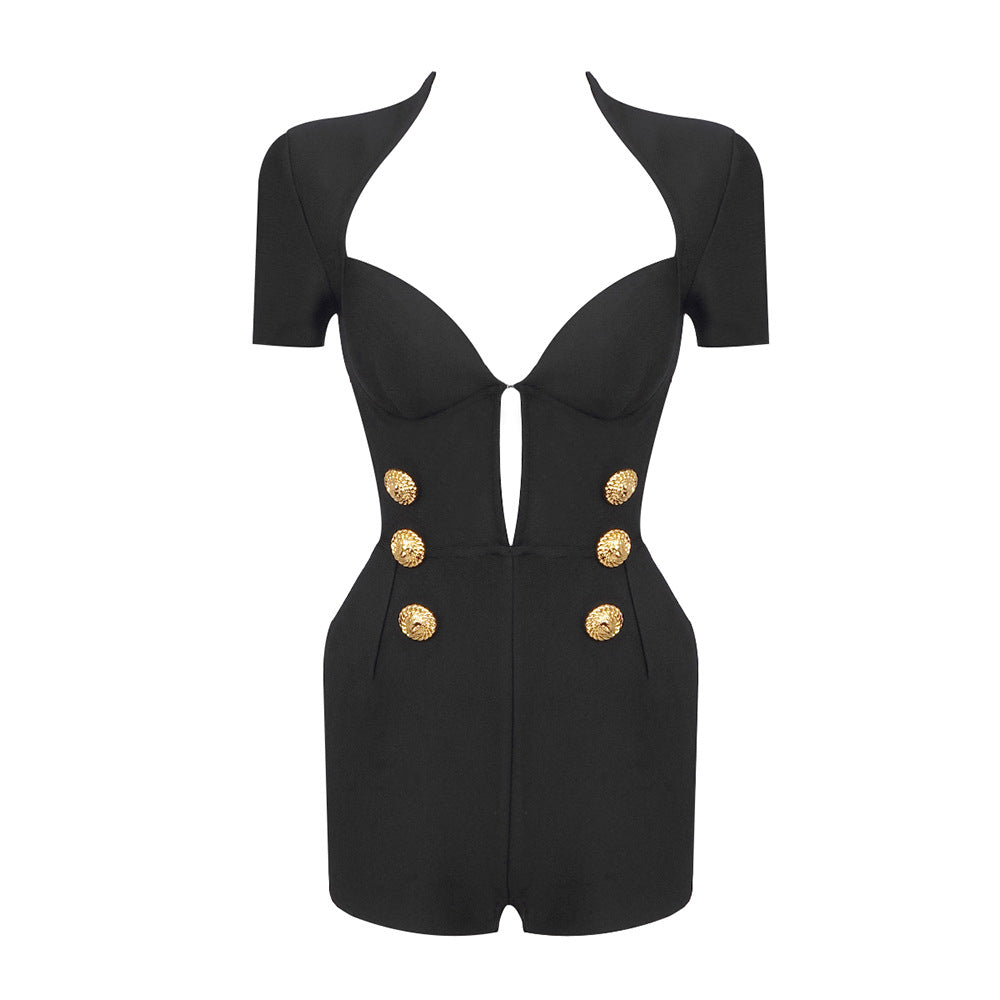 Dame Chic Playsuit med dyb udskæring og elegante knapdetaljer Stilla