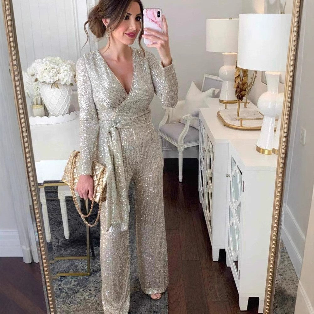 Dame Elegant Jumpsuit med V-hals og glitrende detaljer Stilla