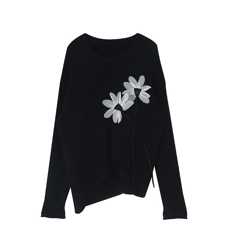 Dame strikpullover med blomsterapplikationsdesign og afslappet snit Stilla
