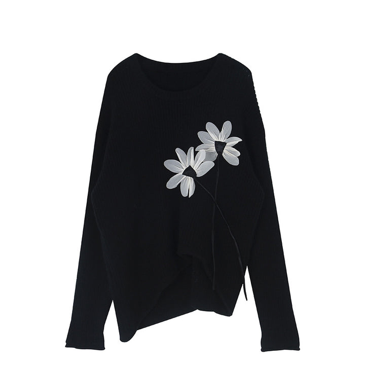 Dame strikpullover med blomsterapplikationsdesign og afslappet snit Stilla