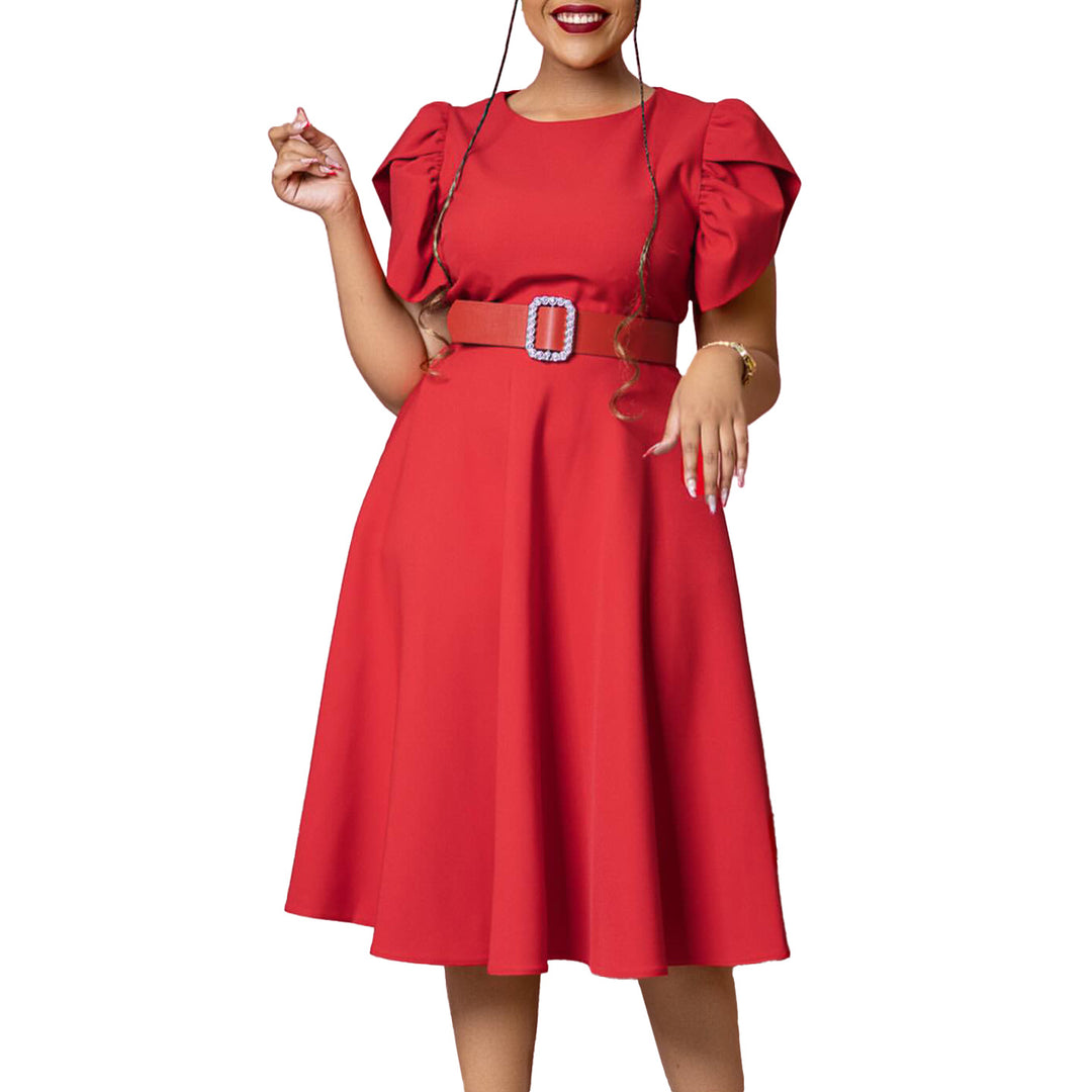 Dame Midi-kjole med elegante puffærmer og smart bælte Stilla