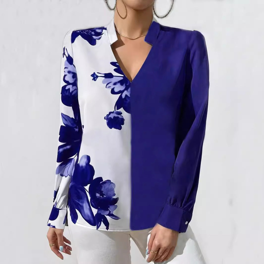Damebluse med asymmetrisk snit og blomstermotiv Stilla