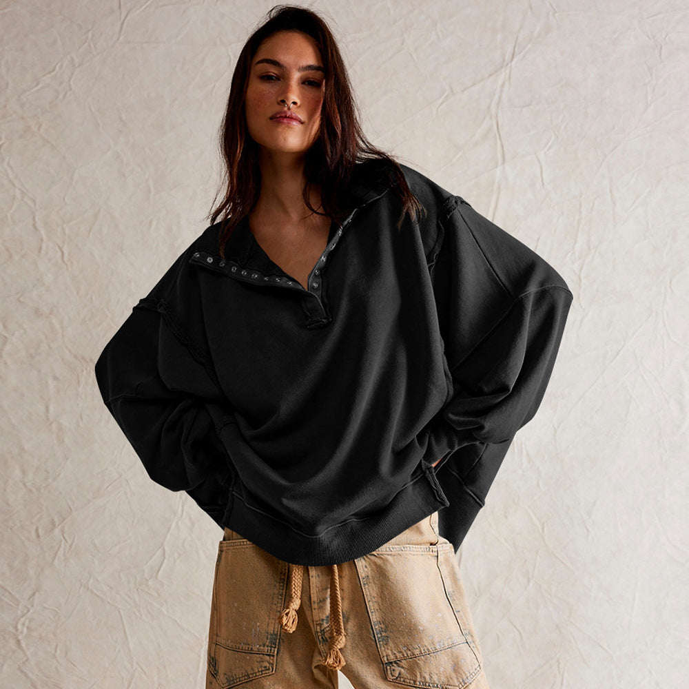 Dame afslappet sweater med trendy krave og knapstand Stilla