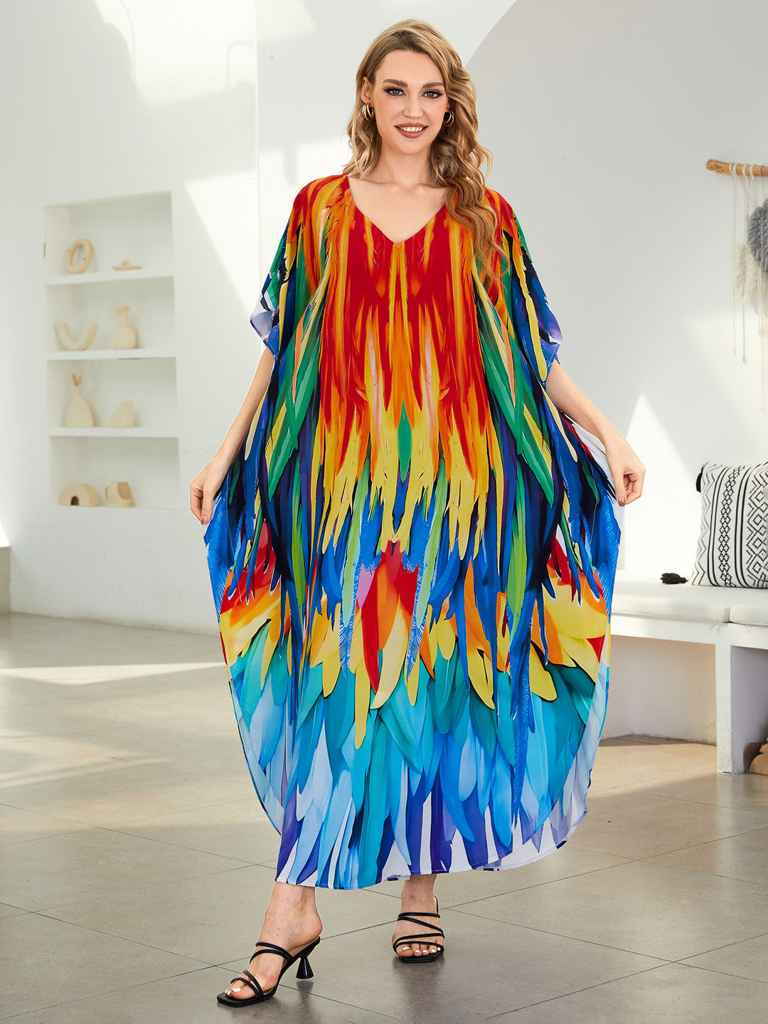 Dame Kaftan med kunstnerisk etno-mønster og elegant V-udskæring Stilla