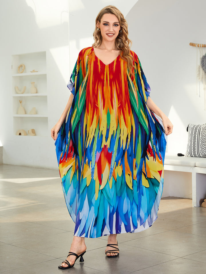 Dame Kaftan med kunstnerisk etno-mønster og elegant V-udskæring Stilla