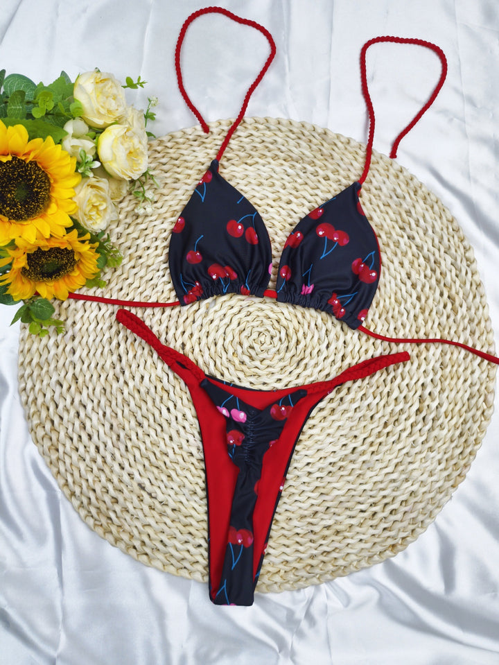 Dame triangulært bikini-sæt med muntert kirsebærmønster og justerbare stropper Skovae