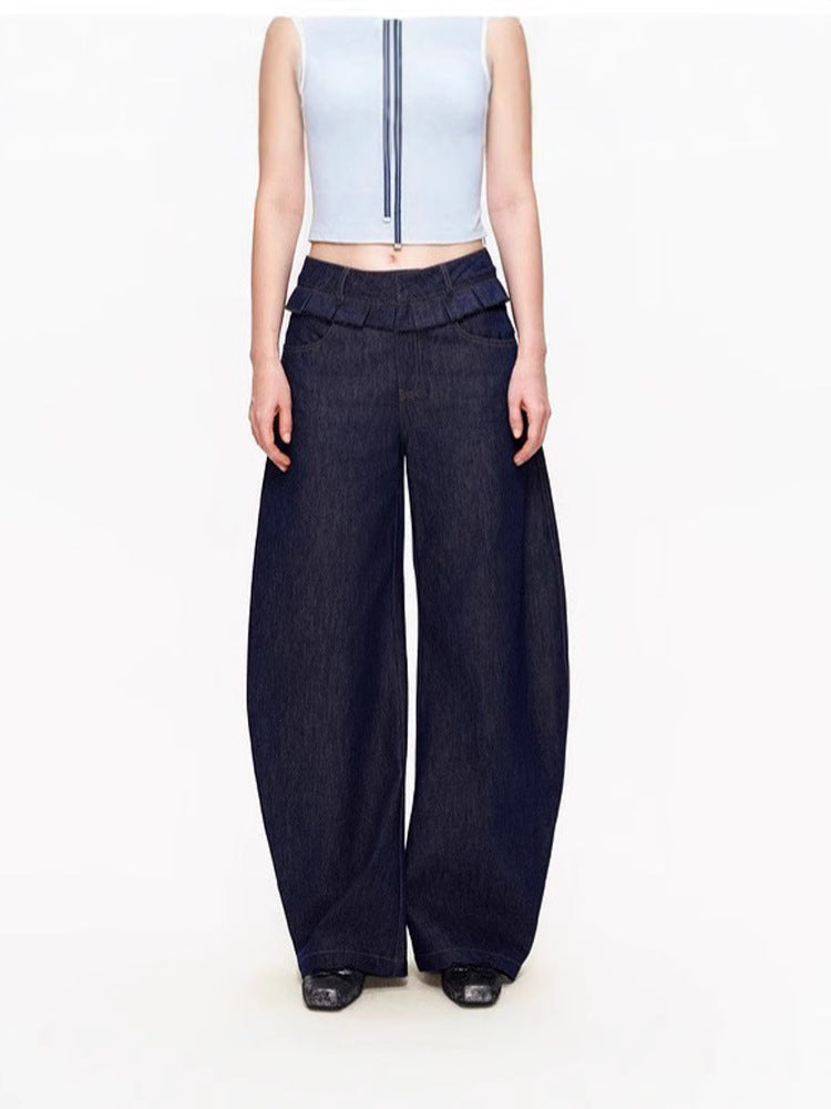 Dame bred Denim-bukser med høj talje og elegant plissé-detalje Stilla