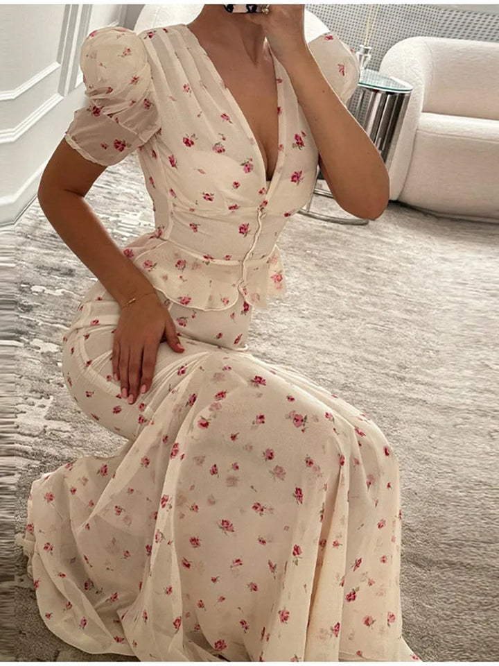 Damer elegant Maxikjole med dyb V-halsudskæring og blomsterdesign Stilla