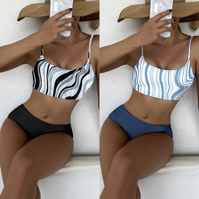 Dame Bikini-sæt med stribet top og høj talje Skovae