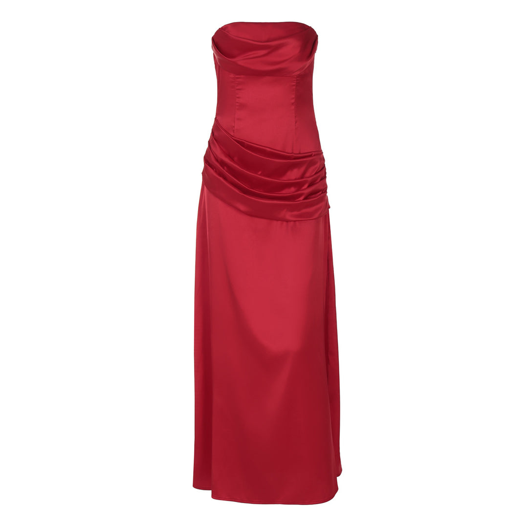 Dame elegant maxikjole med raffineret drapering og skulderfri design Skovae