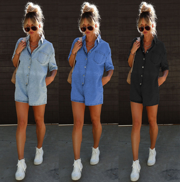 Dame Denim Playsuit med afslappet kortærmet design og praktiske lommer Stilla
