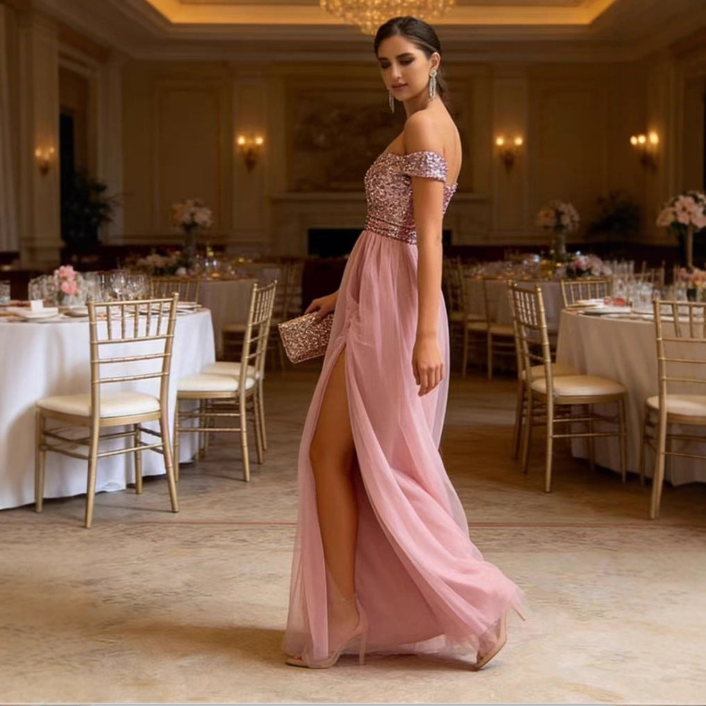 Ladies Elegant Evening Dress with Strapless Design and Sparkling Appliqués