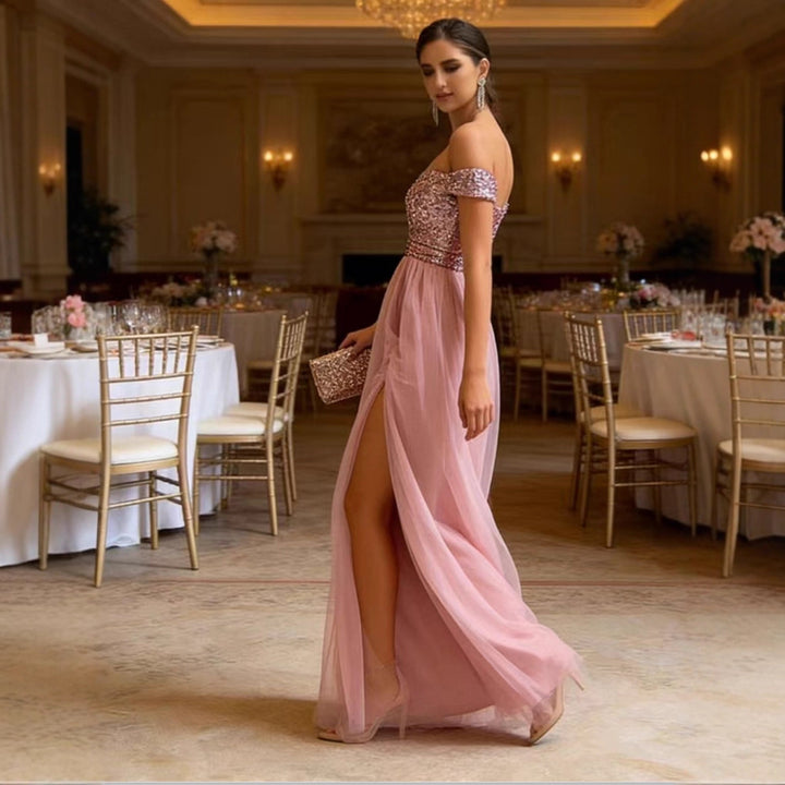 Ladies Elegant Evening Dress with Strapless Design and Sparkling Appliqués