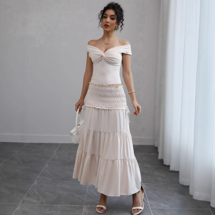 Dame Off-Shoulder Cut-Out Overdel og lagdelt Maxikjole Sæt Stilla