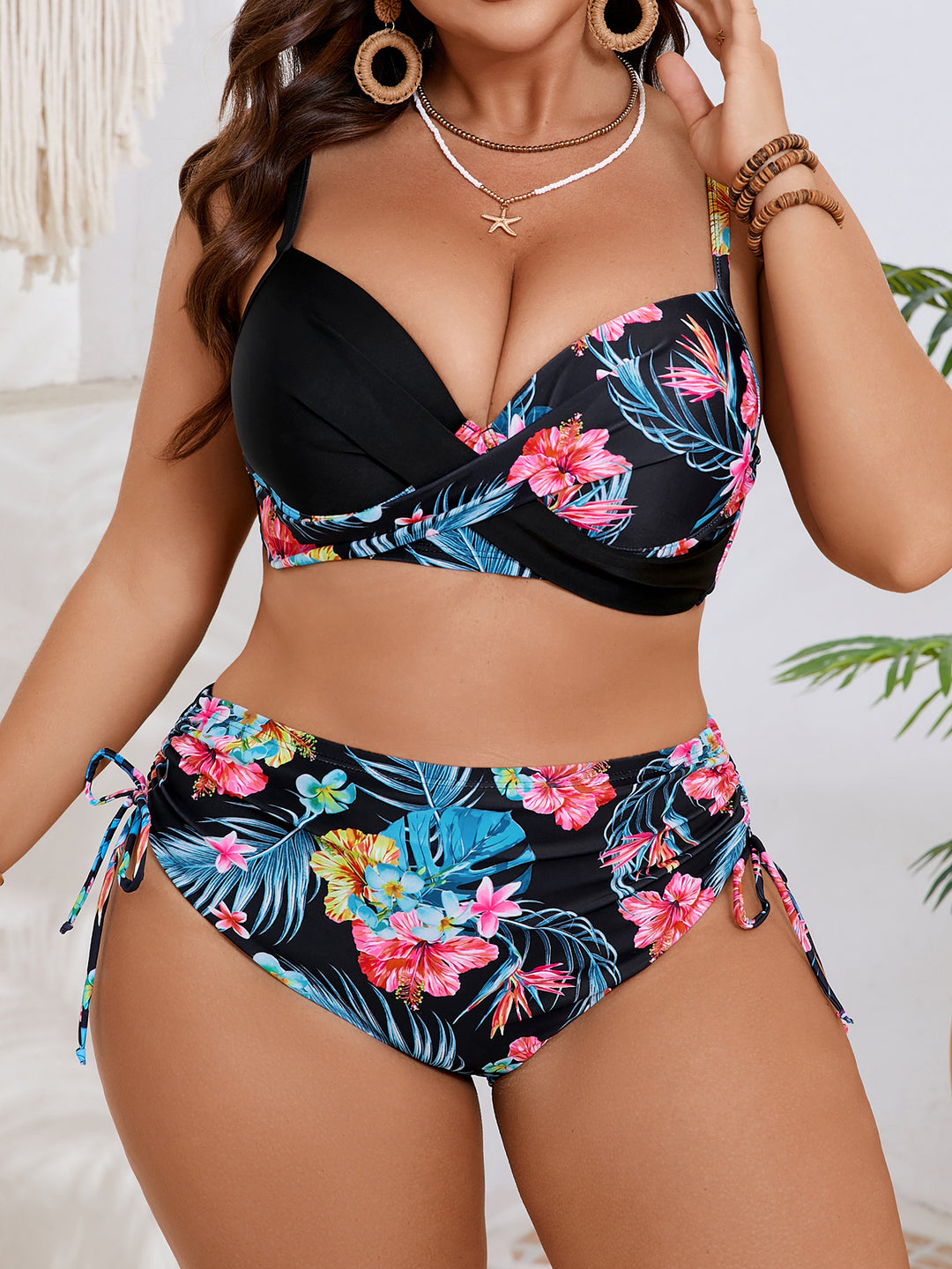 Dame Højtaljeret Bikini-Sæt med blomstret Wrap-Top Skovae