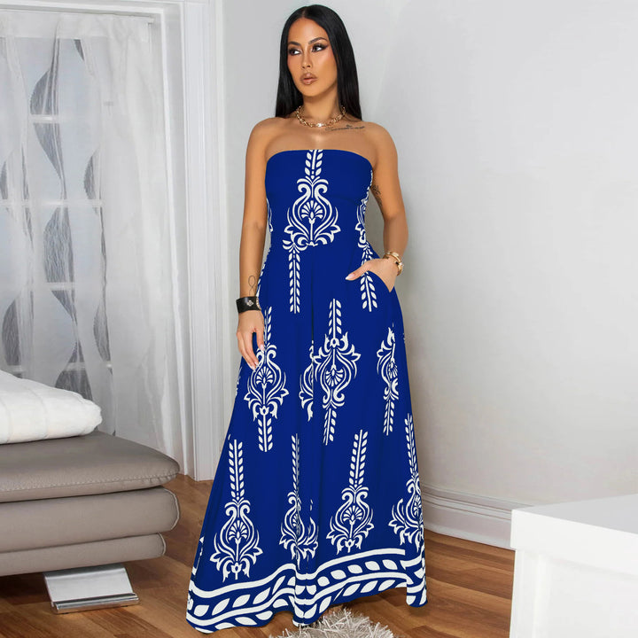 Dame Maxi-kjole med elegant skulderfri design og iøjnefaldende print Stilla