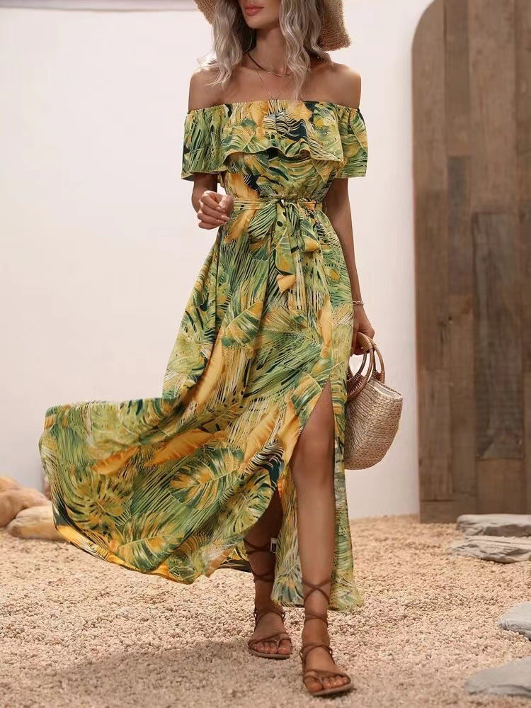 Dame Off-Shoulder Maxikjole med Sideslids Stilla