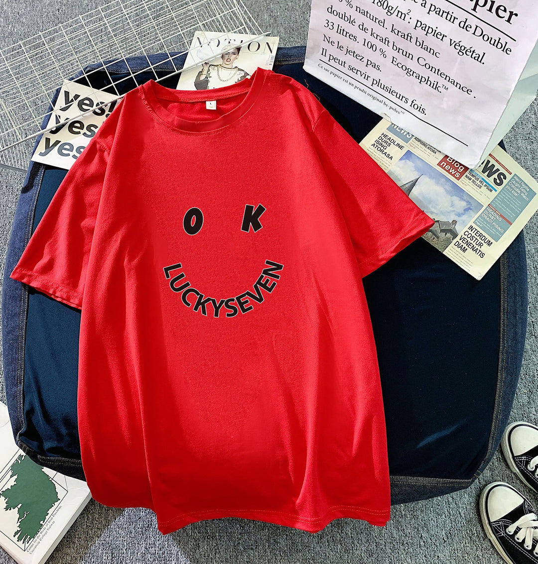 Kvindernes fashionabel t-shirt med afslappet smiley-tryk og høj kvalitet bomulds kvalitet Skovae