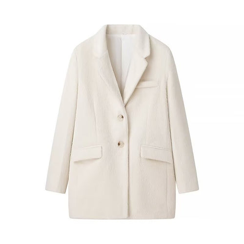 Dame Elegant Plush Jakke med Klassisk Snit og Praktiske Lommer Stilla