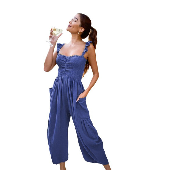 Dame Casual Jumpsuit med Flæse Stropper og Praktiske Lommer