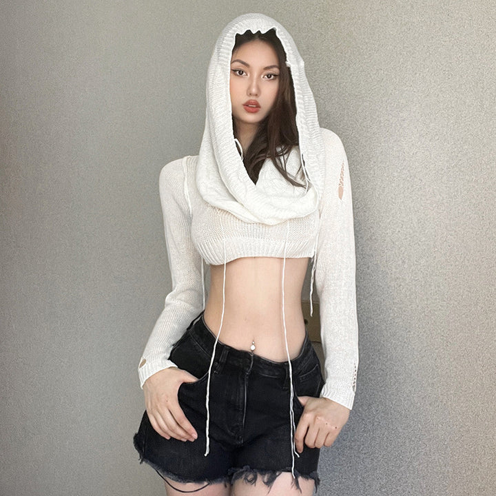 Dame Crop-Pullover med innovativ hætte-design og dyb udskæring Stilla