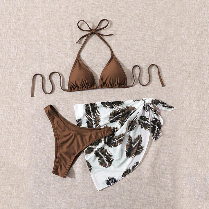 Dame Triangel-Bikini med et trendy blad-mønster og en afslappet indpakningskjole Skovae