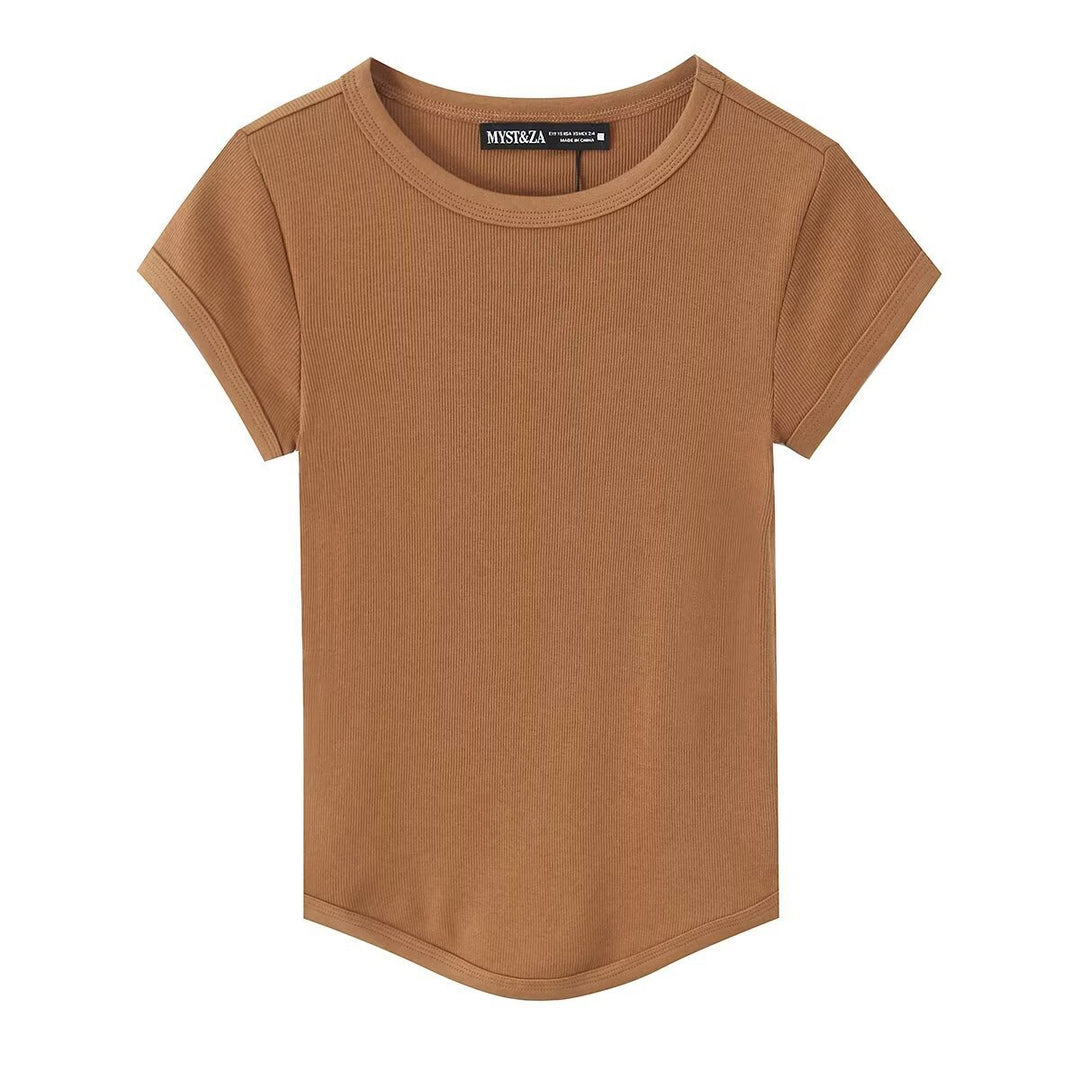 Dame kvalitets, figursyet Basic T-shirt med fint ribstrik Skovae