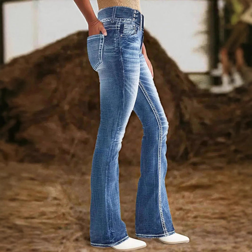 Dame Bootcut Jeans med høj talje og dekorative knapdetaljer Stilla