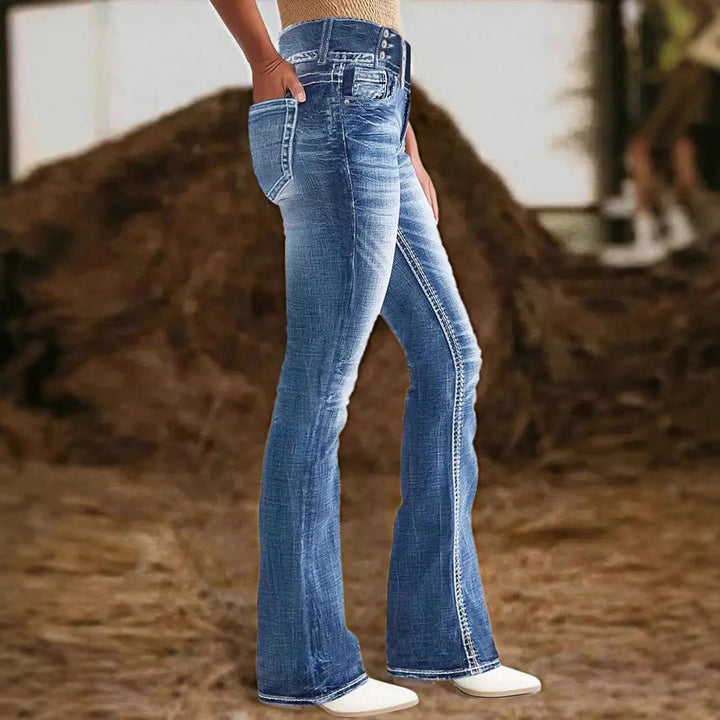 Dame Bootcut Jeans med høj talje og dekorative knapdetaljer Stilla