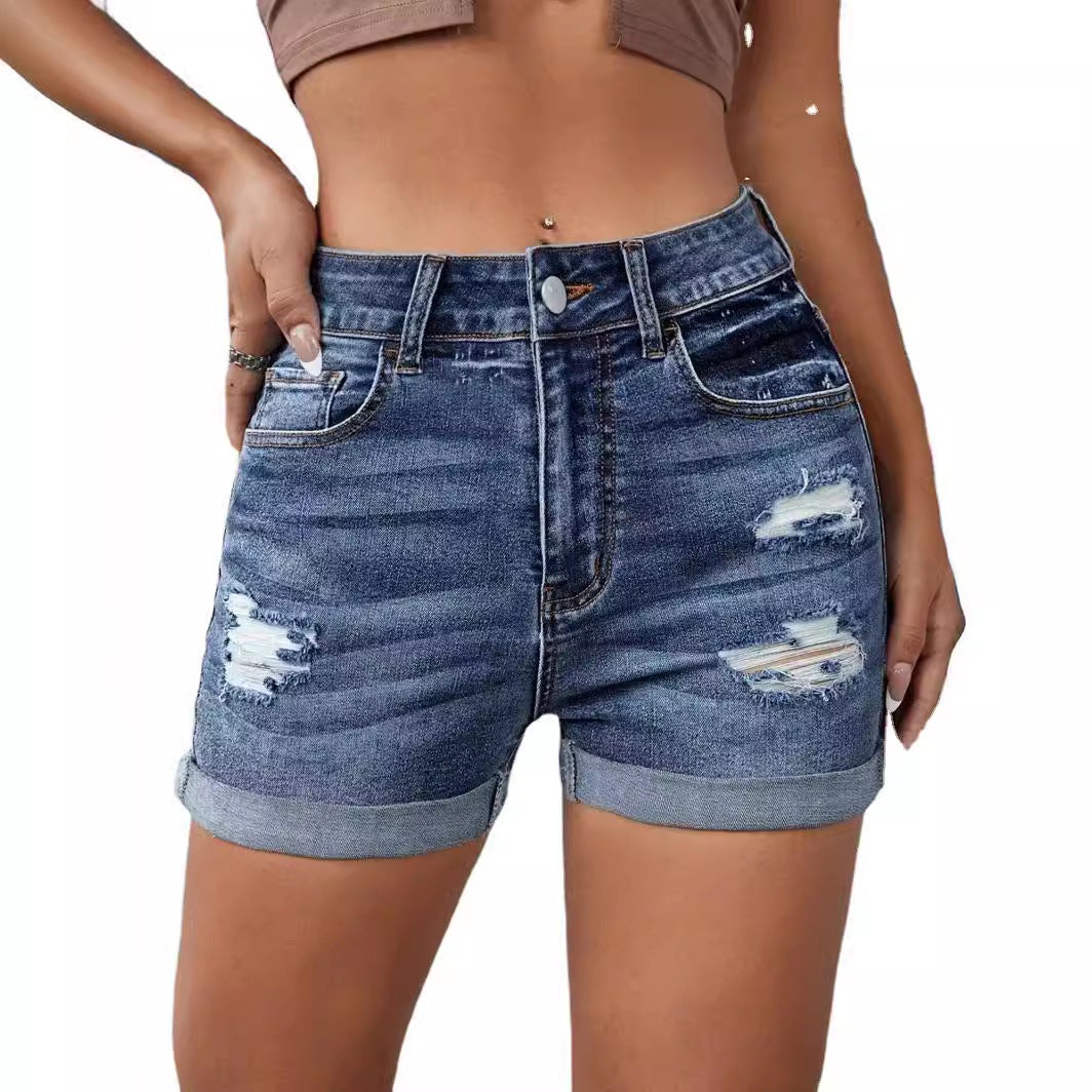 Dame jeans shorts med høj talje og afslappet destroyed-effekt Stilla