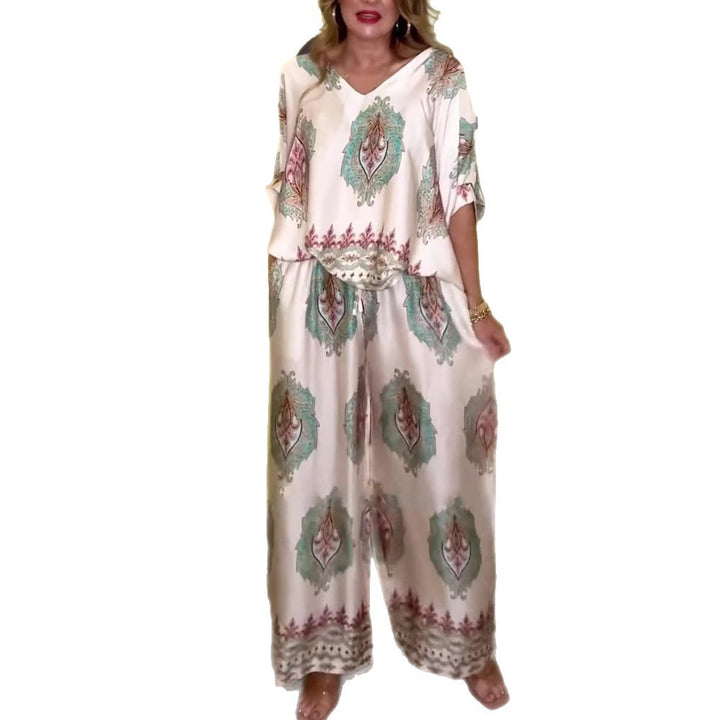 Dame afslappet to-delt sæt i boho-stil med bred pasform og elastisk talje Stilla